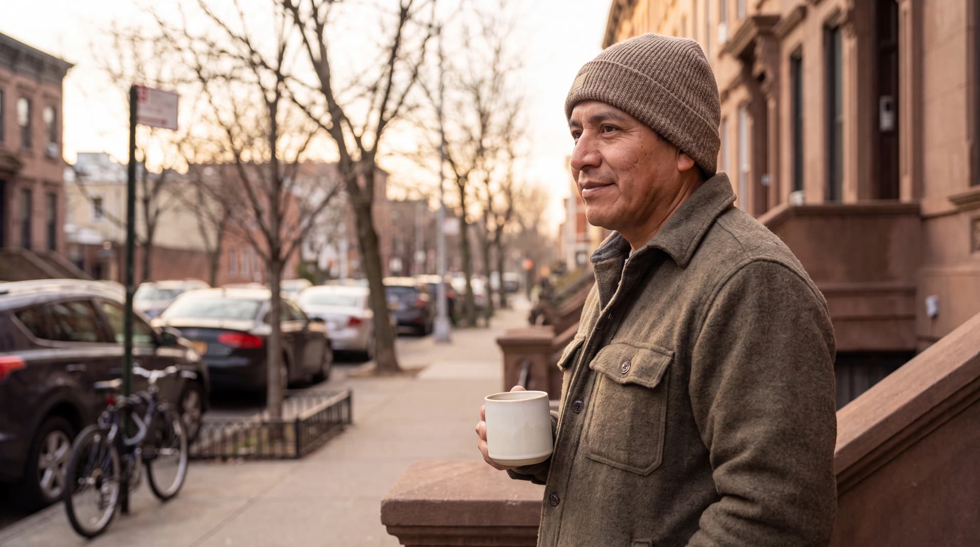 A man pauses on a brownstone stoop on a hazy early-morning New York City street